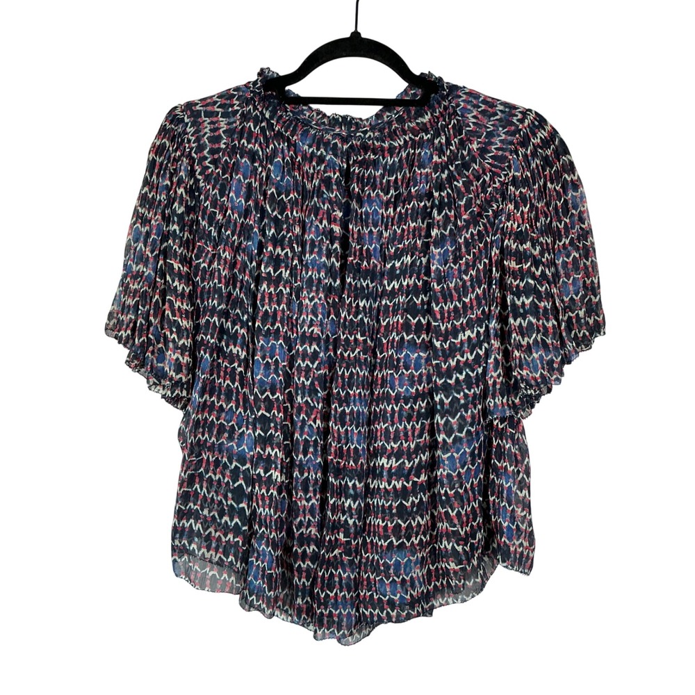 Isabel Marant 100% Silk Ruffle Neck Geometric Print Blouse Navy Red 38 (S)
